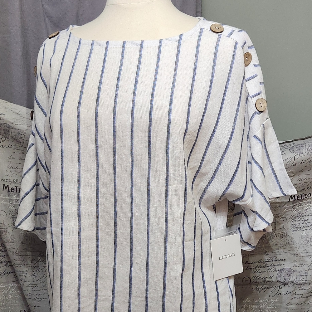 Ellen Tracy Azure Navy Blue and White Striped Linen Top Decorative Buttons